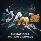 Centered 3D "A" and "M" with digital graphics highlight the Animation & Motion Graphics product. Yellow text below spells out the name, as cartoon figures and vivid data visuals enliven the dark background.
