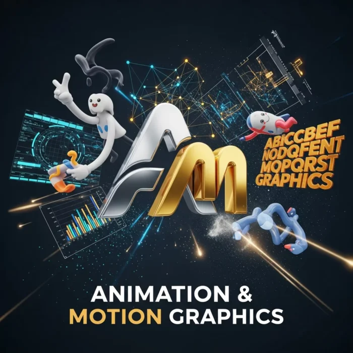 Centered 3D "A" and "M" with digital graphics highlight the Animation & Motion Graphics product. Yellow text below spells out the name, as cartoon figures and vivid data visuals enliven the dark background.