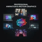 A digital graphic features several screens with striking Motion Graphics, animation, and logos surrounding the text "Animation & Motion Graphics" on a dark background, showcasing creative video editing and branding services.