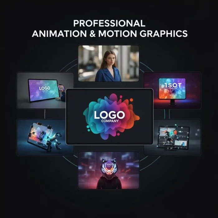 A digital graphic features several screens with striking Motion Graphics, animation, and logos surrounding the text "Animation & Motion Graphics" on a dark background, showcasing creative video editing and branding services.