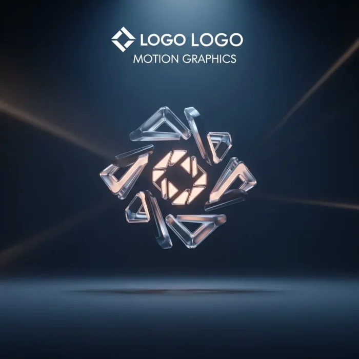 A silver, futuristic 3D geometric logo spins on a dark background. Above it, “Animation & Motion Graphics” appears in bold white modern font under a spotlight, highlighting dynamic movement and glowing effects.