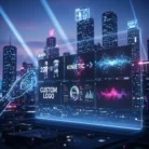 A digital robot hand points to a transparent virtual screen showcasing Animation & Motion Graphics, custom logos, 2D art, and data charts against a futuristic cityscape with glowing skyscrapers and neon lights at night.