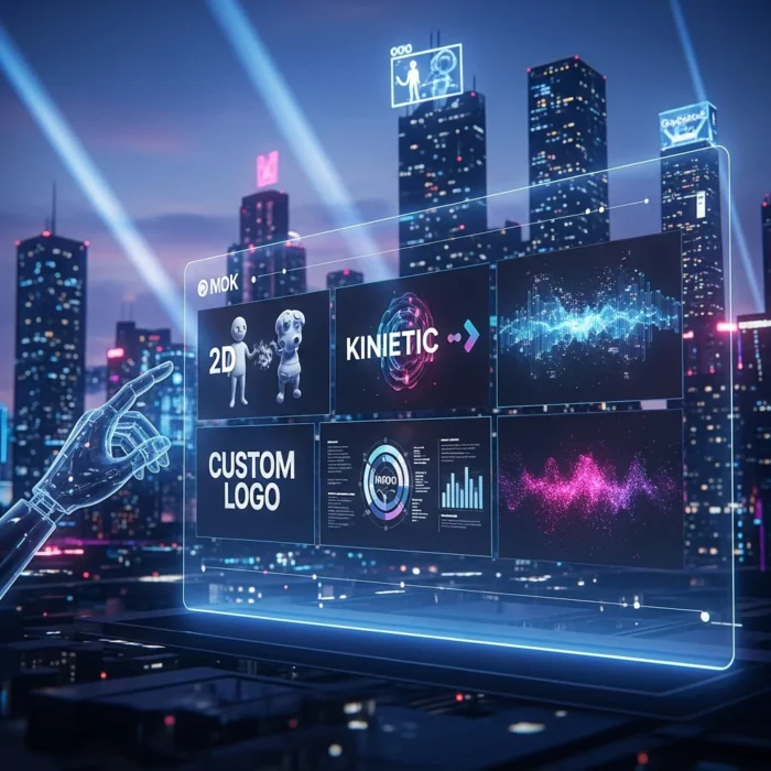 A digital robot hand points to a transparent virtual screen showcasing Animation & Motion Graphics, custom logos, 2D art, and data charts against a futuristic cityscape with glowing skyscrapers and neon lights at night.