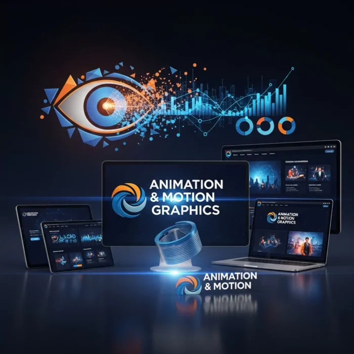 Several digital devices showcase "Animation & Motion Graphics" screens around a swirling 3D logo, while an abstract eye with animated data graphics hovers above, representing creativity and technology on a dark, futuristic background.