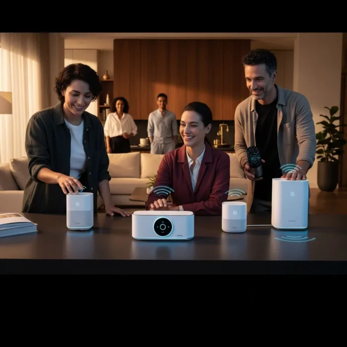 Three people film Corporate Training Videos around a kitchen island with sleek white smart devices, while two others watch from a modern living room with warm lighting and wood and neutral décor.