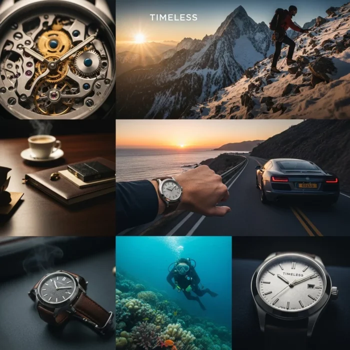 A collage for Corporate Training Videos inspires ambition and precision: from mechanical gears to a notepad, sunrise climbs, coffee breaks, sports cars, underwater scenes, and a close-up of a “Timeless” watch face.