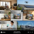A mom and child in a smart home—drones over solar panels, tablets showing security footage and energy graphs—reflect scenes from Corporate Training Videos, showcasing seamless control and energy savings.