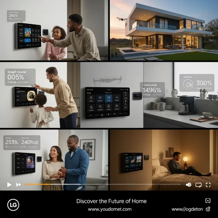 In an ad for Corporate Training Videos, diverse users manage lights, security, and appliances on wall screens. Features shown: energy stats, coffee brewing, drone delivery, and comfort controls. LG logo and website appear at the bottom.