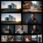 A collage highlights Corporate Training Videos with a glass office building, a drone, a man gesturing in interviews, hands using a stylus on a tablet, a 25% progress bar, a woman at her desk, and a man cycling with a child seat.