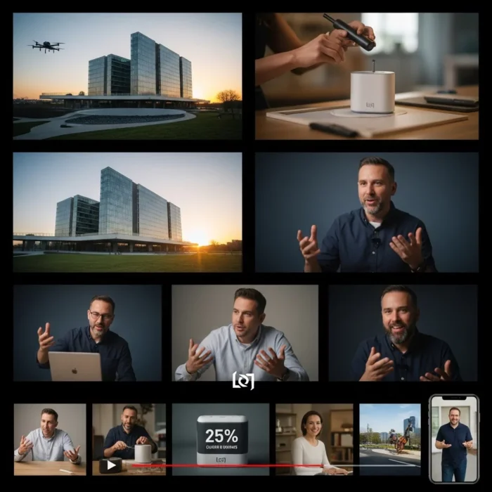 A collage highlights Corporate Training Videos with a glass office building, a drone, a man gesturing in interviews, hands using a stylus on a tablet, a 25% progress bar, a woman at her desk, and a man cycling with a child seat.