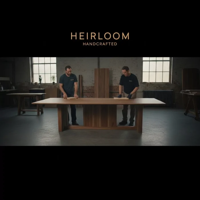 Two men in dark shirts stand on either side of a large wooden table in a bright workshop, evoking the style of Corporate Training Videos. At the top, “HEIRLOOM HANDCRAFTED” is centered.