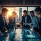 Six business professionals in formal attire collaborate around a digital table displaying data charts, as seen in Corporate Training Videos, set in a modern office with city skyline and sunset visible through large windows.