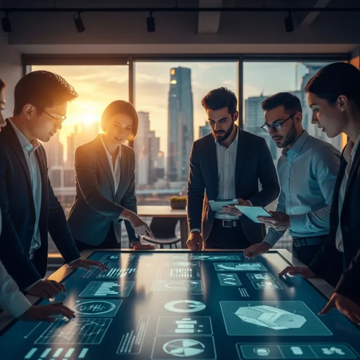 Six business professionals in formal attire collaborate around a digital table displaying data charts, as seen in Corporate Training Videos, set in a modern office with city skyline and sunset visible through large windows.