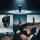 A collage for Corporate Training Videos shows a smartwatch’s fitness tracking, its round display, a jogger, and a suited professional—ideal for promoting health and productivity with the latest technology.