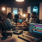 Four people sit in a modern studio, using microphones, headphones, and editing software for Podcast Production & Editing, creating a professional atmosphere with advanced audio equipment and collaborative discussion.