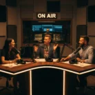 Three people chat into microphones at a modern radio studio's triangular table. A glowing “ON AIR” sign hangs above, while an engineer oversees Podcast Production & Editing behind glass. The atmosphere is lively and conversational.