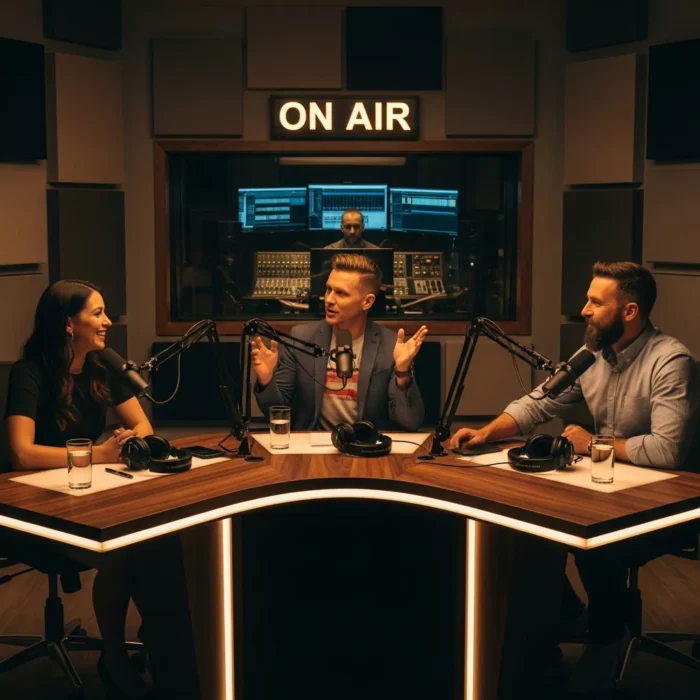 Three people chat into microphones at a modern radio studio's triangular table. A glowing “ON AIR” sign hangs above, while an engineer oversees Podcast Production & Editing behind glass. The atmosphere is lively and conversational.