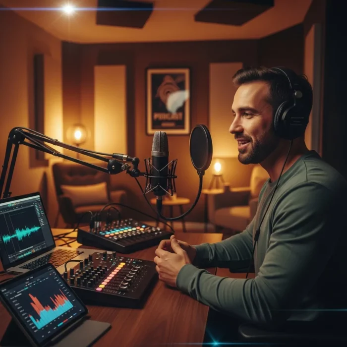 A man in headphones speaks into a mic in a cozy, softly lit studio. Computer screens display Podcast Production & Editing tools, while acoustic panels and a framed poster complete the professional podcast setup.