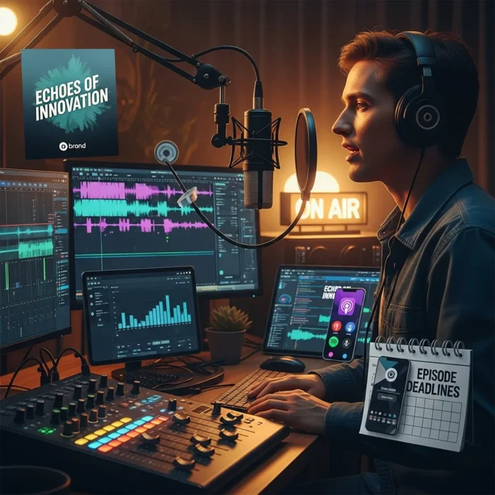 A person uses Podcast Production & Editing software in a studio, speaking into a mic with headphones on. Monitors show editing interfaces, a "Echoes of Innovation" poster and "Episode Deadlines" notepad are visible in the warmly lit, organized space.