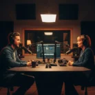 Two people with headphones use Podcast Production & Editing at a table in a recording studio, facing each other with microphones and a computer screen between them. Studio lights and soundproofing panels show their focus on the product.