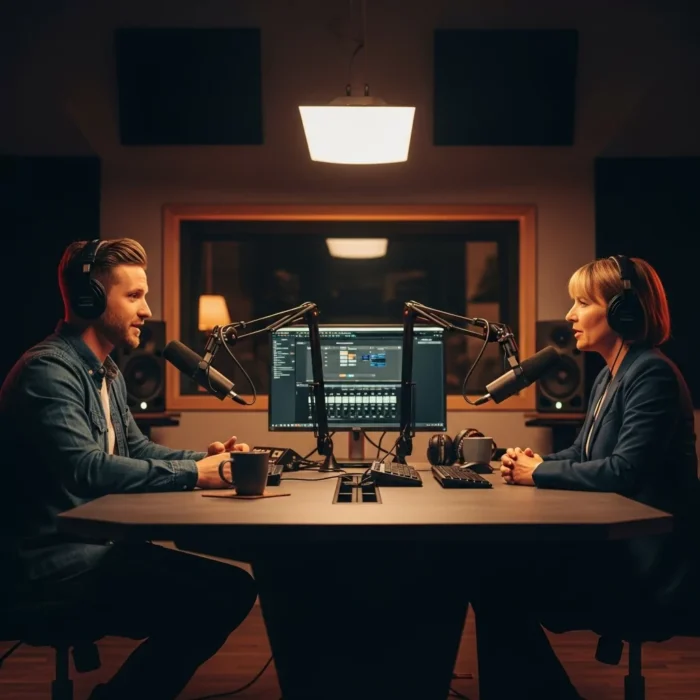 Two people with headphones use Podcast Production & Editing at a table in a recording studio, facing each other with microphones and a computer screen between them. Studio lights and soundproofing panels show their focus on the product.