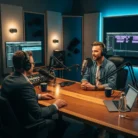 Two men in a modern studio use the Podcast Production & Editing service, wearing headphones and speaking into microphones. Laptops, coffee mugs, soundproof panels, and vibrant lighting create an ideal recording environment.