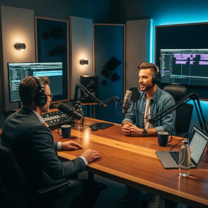 Two men in a modern studio use the Podcast Production & Editing service, wearing headphones and speaking into microphones. Laptops, coffee mugs, soundproof panels, and vibrant lighting create an ideal recording environment.