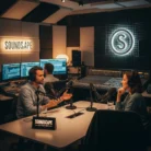 A man and woman wearing headphones speak into microphones in a pro studio labeled “SOUNDS.APE” and “SOUNDSCAPE STUDIOS.” Surrounded by audio gear, they showcase the Podcast Production & Editing service—ideal for high-quality podcast creation.