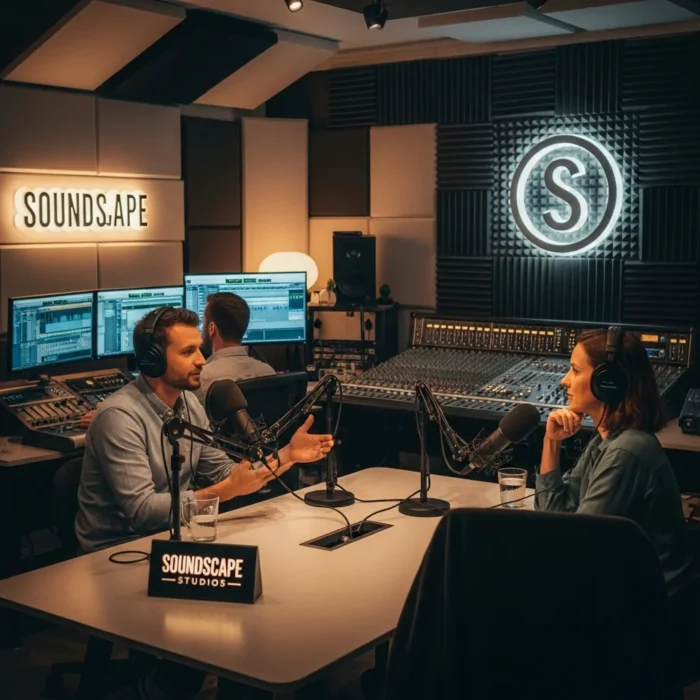 A man and woman wearing headphones speak into microphones in a pro studio labeled “SOUNDS.APE” and “SOUNDSCAPE STUDIOS.” Surrounded by audio gear, they showcase the Podcast Production & Editing service—ideal for high-quality podcast creation.