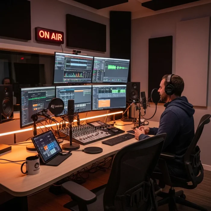 A man sits at a desk with multiple monitors showing Podcast Production & Editing software, a microphone, sound mixer, glowing "ON AIR" sign, tablet, mug, and notepad in a podcast studio.