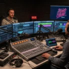 Two men use Podcast Production & Editing gear in a modern studio with mixing boards, podcast software on large screens, soundproof walls, and visible "ON AIR" and "World Class" displays.