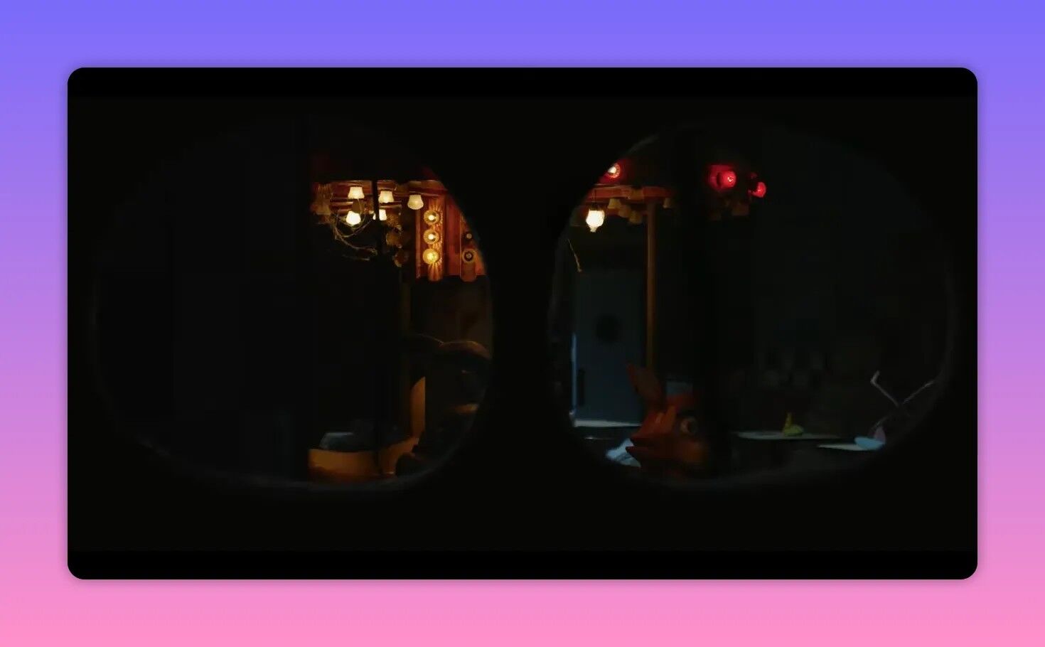 View through two circular peepholes revealing dim interior lights and an animatronic figure