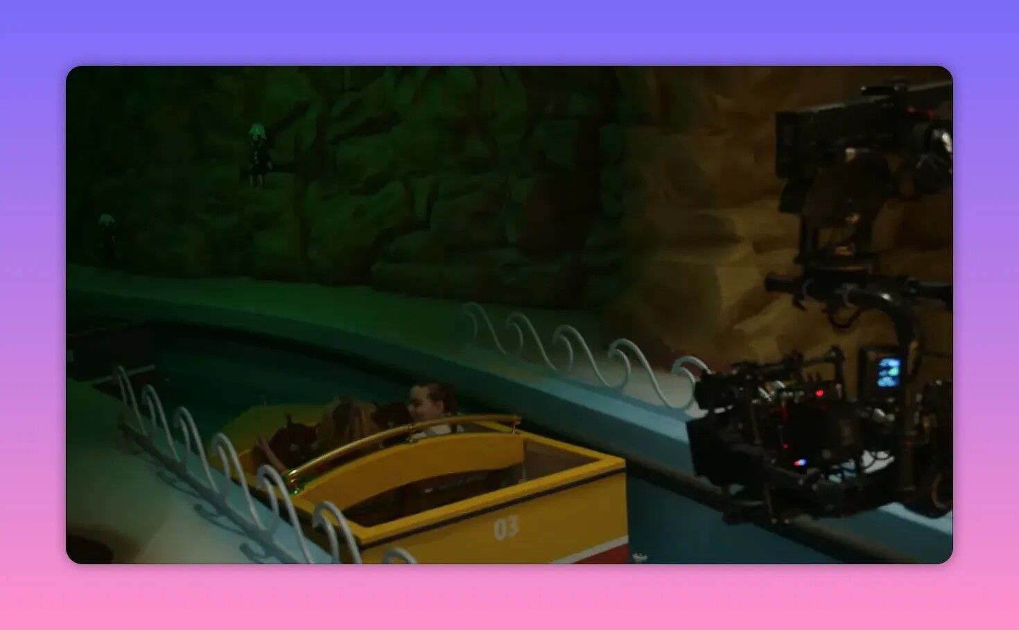 Yellow log‑ride boat on an indoor river attraction inside Fazbear's pizzeria with a camera rig filming alongside.