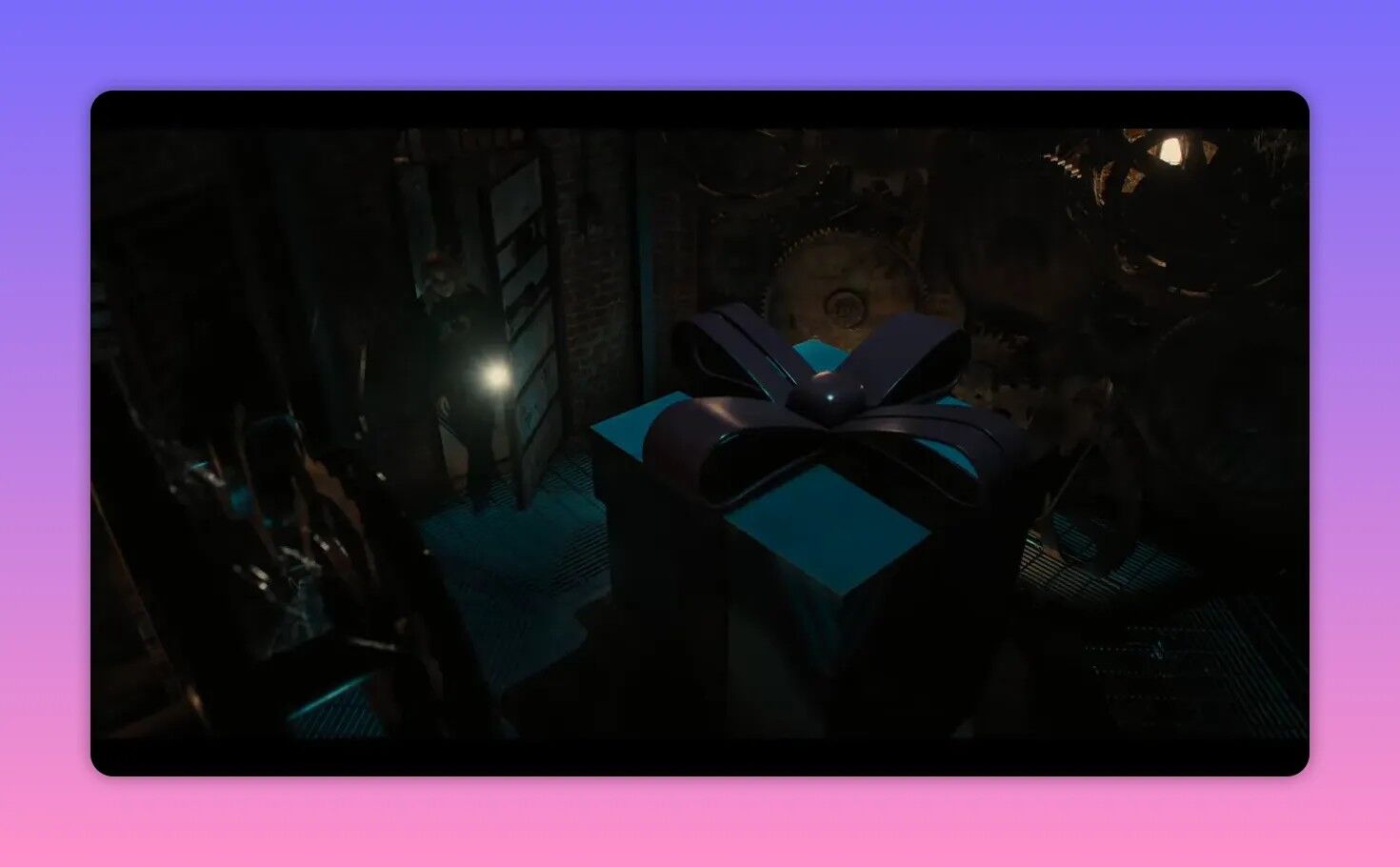 large wrapped gift box with an oversized bow in a dim mechanical room filled with gears, as a figure enters holding a flashlight
