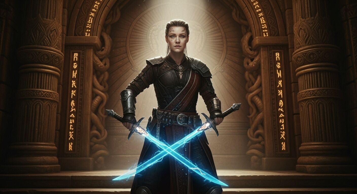 A fierce warrior in dark armor stands in an ornate hall with glowing runes on pillars. She faces forward, crossing two blue, glowing swords, channeling the intensity of Disquiet Gods. Behind her, a radiant circular design adds a mystical atmosphere.