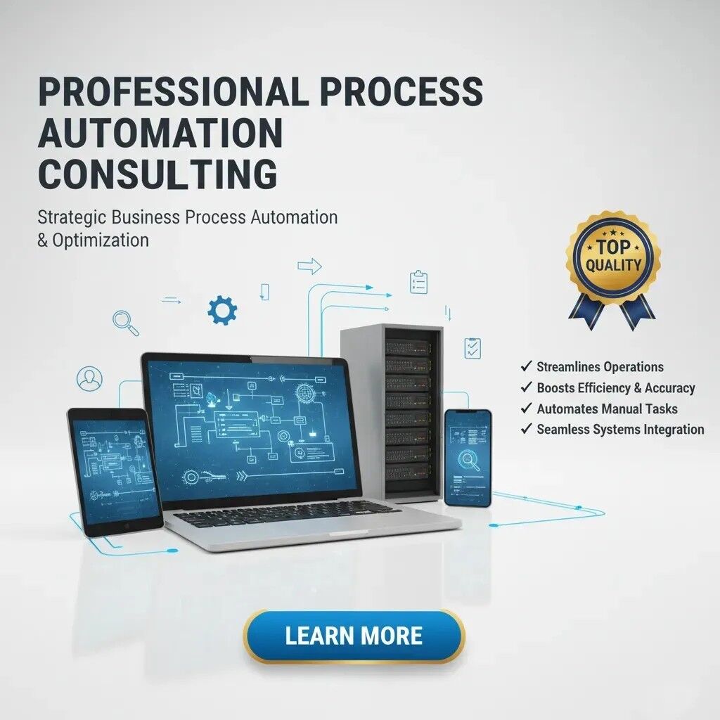 A laptop, smartphone, tablet, and server tower show Process Automation Consulting diagrams. “Professional Process Automation Consulting” appears above a quality badge and checkmarks for streamlined operations. A blue “Learn More” button is below.