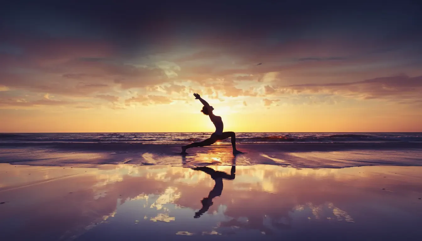 A person practices yoga in a warrior pose on a beach at sunset, their silhouette reflected in wet sand. As gentle waves roll ashore, the vibrant sky offers a tranquil backdrop&mdash;an ideal setting for those seeking peace or following The Body Keeps the Score Workbook guide.