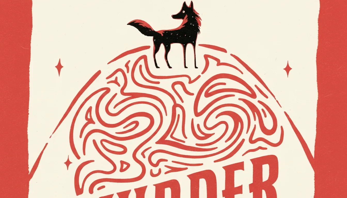 A black wolf with a red-tipped tail stands atop a circular, red-and-cream labyrinth resembling a brain—a tribute to mystery. Bold red letters below spell “WYRDER.” The light beige background features small red star accents.