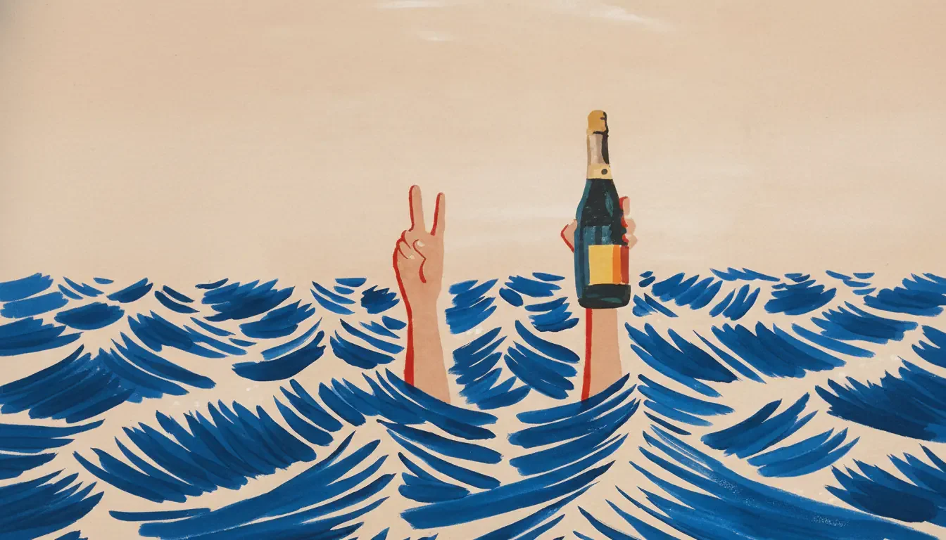 A person is submerged in stylized blue waves with only their arms visible. One hand holds up two fingers in a peace sign, while the other raises a champagne bottle&mdash;an image evoking celebration, reminiscent of The Wedding People by Alison Espach.