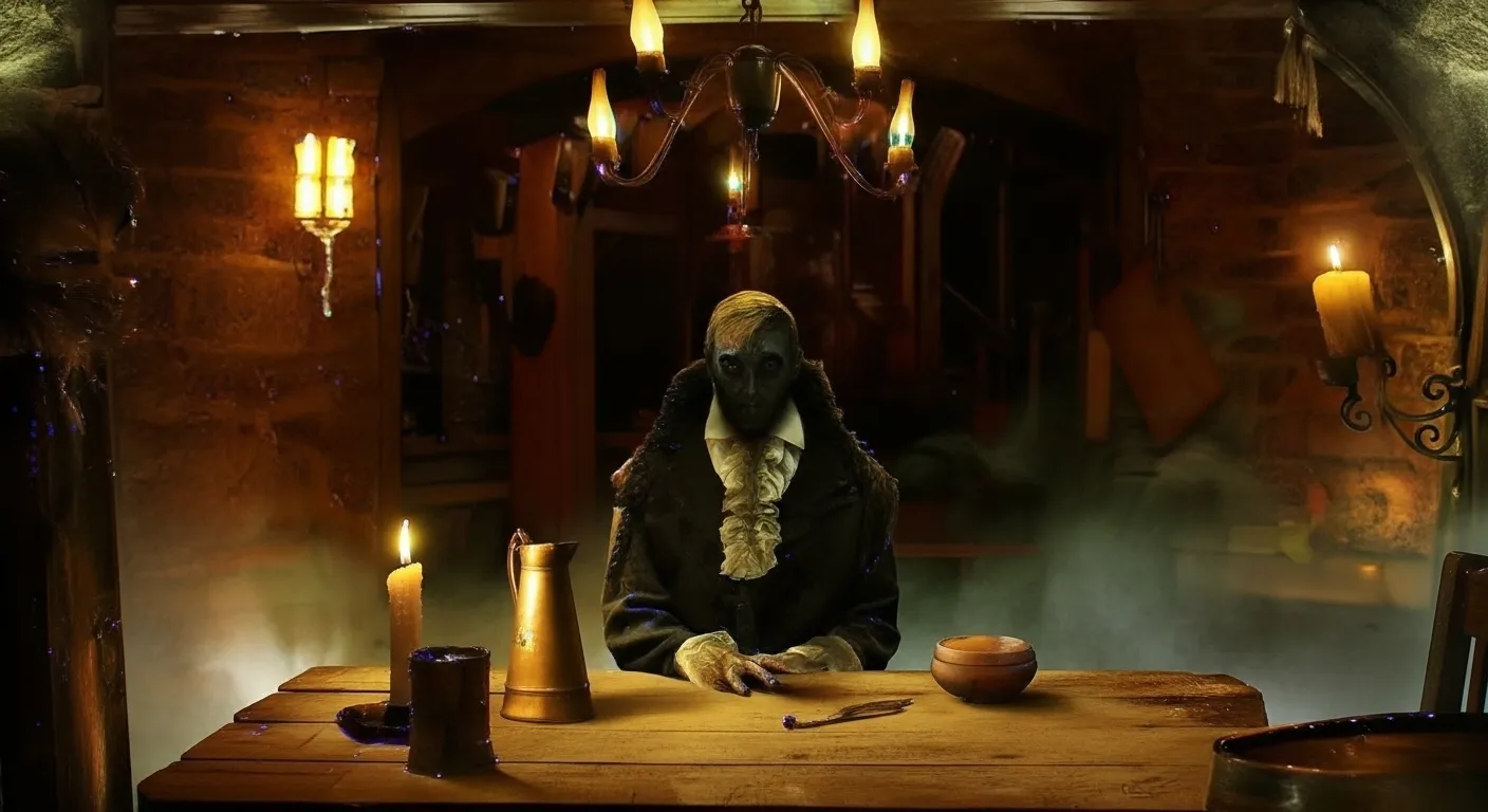 A mysterious figure in old-fashioned clothing and a plague doctor mask sits at a wooden table, lit by candlelight and lanterns. The haunting fantasy setting features stone walls, a chandelier, and an eerie atmosphere reminiscent of Whisper that Replaced God.