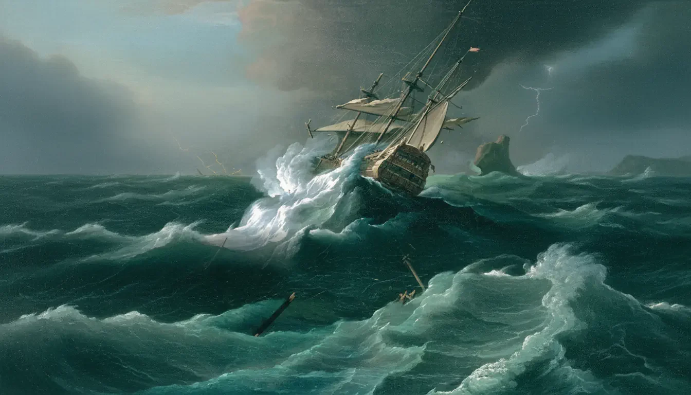 A large wooden sailing ship battles towering, dark green waves in a violent storm&mdash;a scene reminiscent of the harrowing shipwreck described in David Grann&rsquo;s Wager Book Review. Lightning flashes as broken masts and debris float amid the perilous chaos.