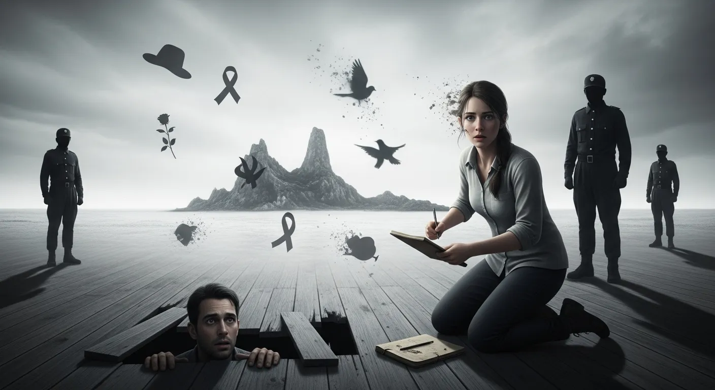 A woman kneels on a wooden floor, writing in a notebook&mdash;perhaps recording a lost memory&mdash;as a man emerges from a floorboard hole. Symbolic icons float above. In the mist, two uniformed Memory Police figures stand near a rocky island under cloudy skies.
