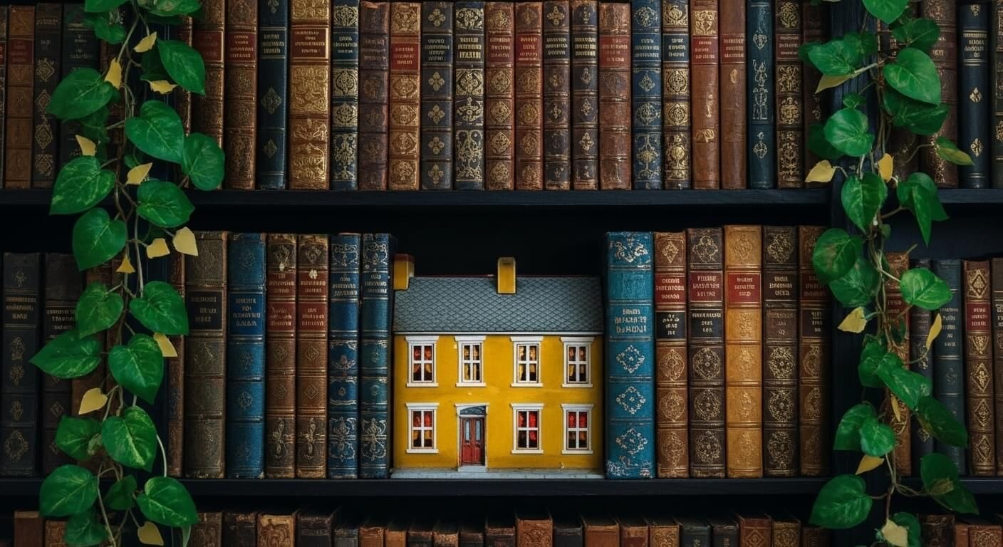 A tiny yellow model house with a blue roof is nestled among rows of vintage hardback books on a bookshelf, inviting thoughts of self-discovery and adventure&mdash;like stumbling upon the Lost Bookshop itself, framed by green leafy vines.