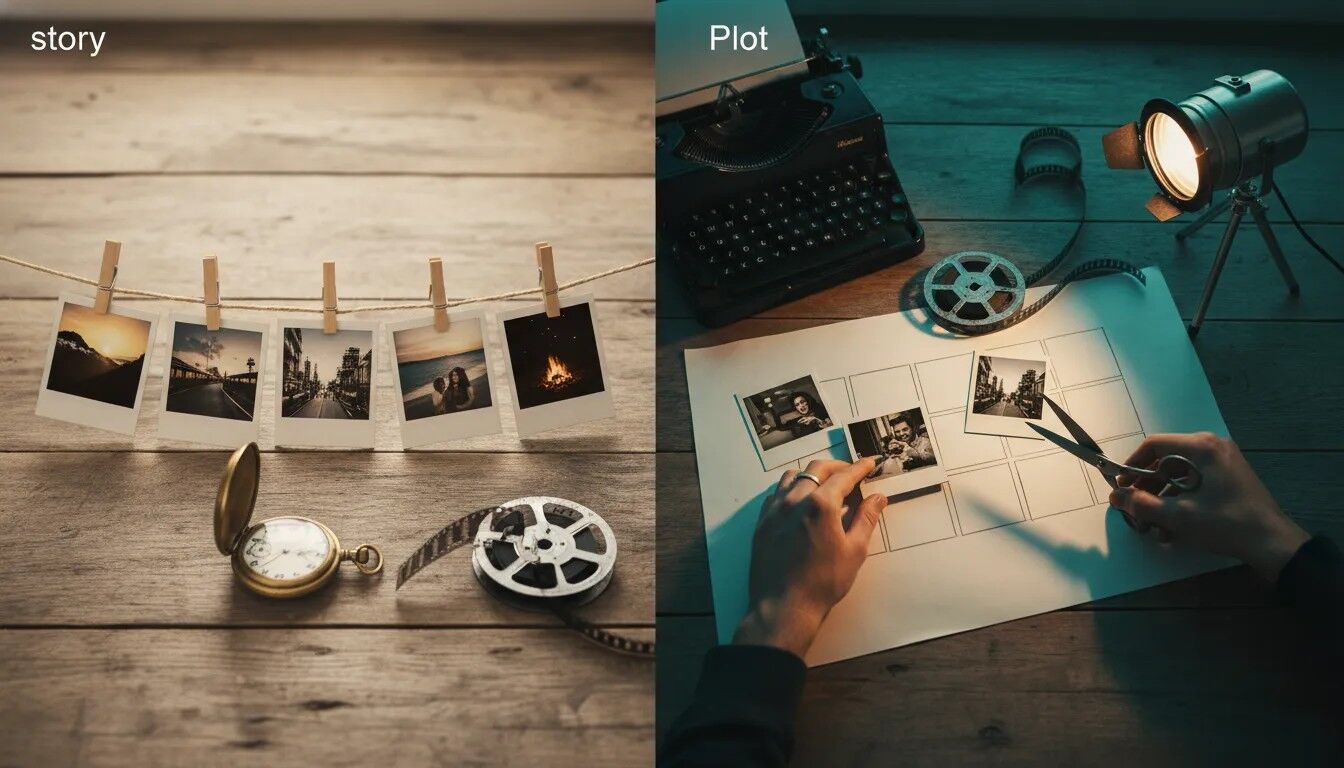 Split-scene photorealistic image illustrating story vs plot: left shows a chronological row of Polaroids clipped on twine with a pocket watch; right shows the same photos being rearranged into a cinematic storyboard and filmstrip with scissors, film reel and spotlight.