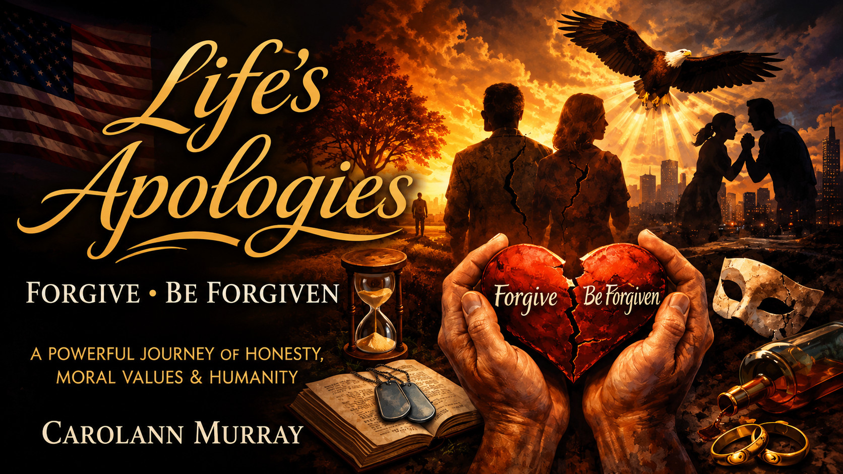 A dramatic book cover for "Life’s Apologies" by Carolann Murray features a couple facing a sunset, holding a heart labeled "Forgive" and "Be Forgiven." The background shows a city skyline, eagle, hourglass, mask, and an open book, evoking themes of forgiveness and reflection.