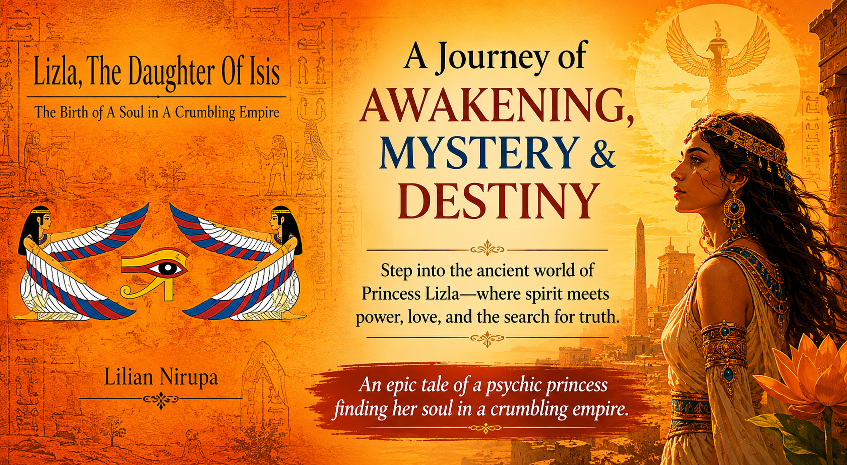 Book cover for "Lizla, The Daughter Of Isis" by Lilian Nirupa. A woman in ancient Egyptian attire stands against a golden cityscape, evoking an ancient civilization. Themes of awakening, mystery, and a princess’s spiritual epic self-discovery shine through.