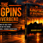 A dramatic book cover for "The Kingpins of Riverbend" shows a small town skyline at sunset with a bowling ball striking pins in the foreground. The text highlights it as a coming-of-age story centered on a critical bowling match.
