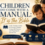 A mother and daughter sit together, smiling and reading a “Holy Bible.” Sunlight shines through a window with a cross outside. The text promotes the Bible as an essential parenting guide for raising children, by Elizabeth Len Wai, for wisdom and strong families.