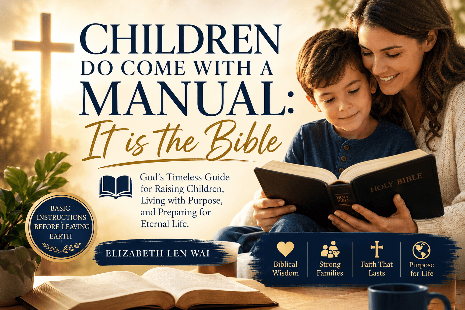 A mother and daughter sit together, smiling and reading a “Holy Bible.” Sunlight shines through a window with a cross outside. The text promotes the Bible as an essential parenting guide for raising children, by Elizabeth Len Wai, for wisdom and strong families.