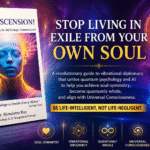 A book titled "Self-Ascension!" by Dr. Rimaletta Ray appears on the left. On the right, bold text reads: "Stop living in exile from your own soul." Icons and descriptions highlight vibrational psychology, quantum wholeness, and universal consciousness.
